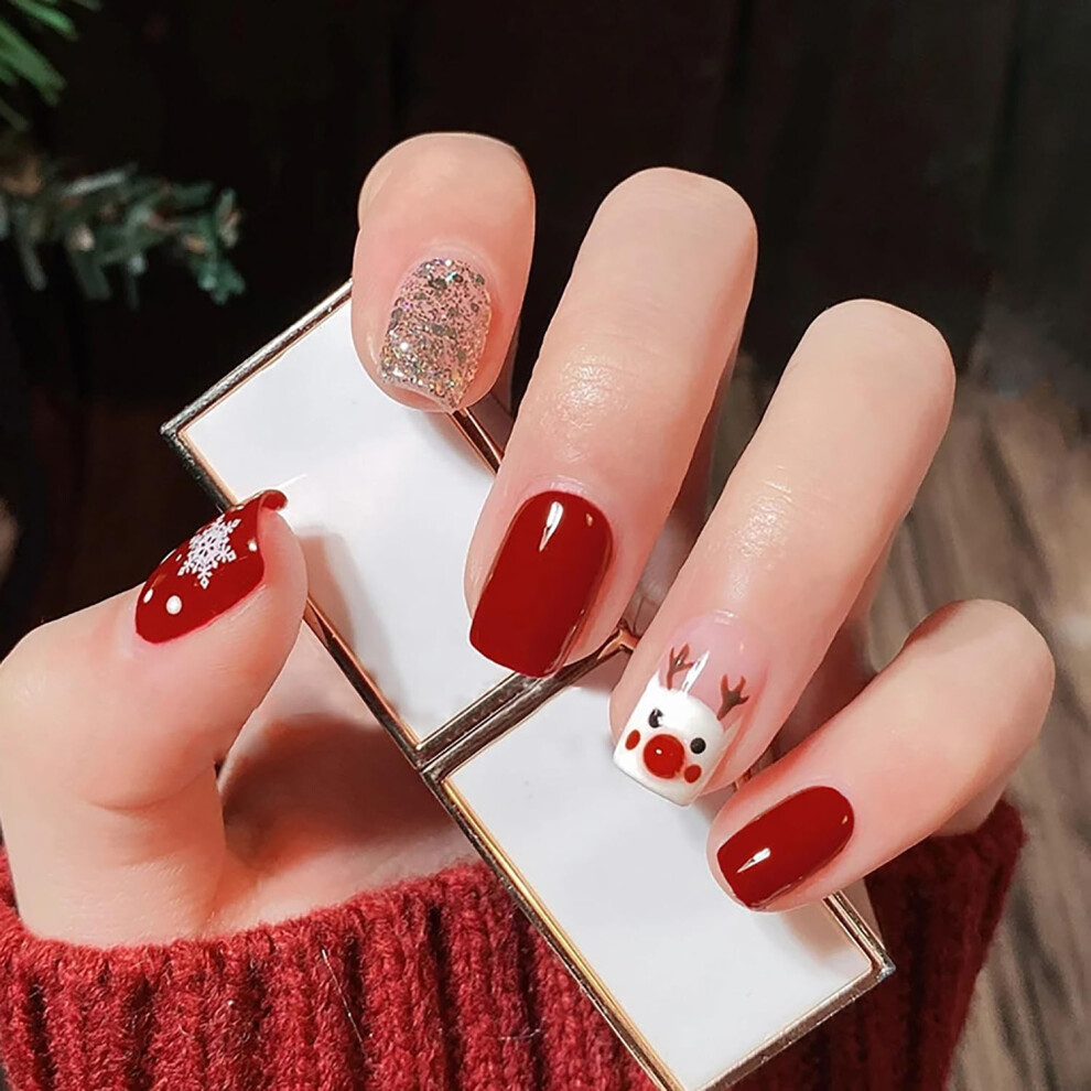 Christmas Press On Nails Short Square Fake Nails with Festive Elk Design Glossy Reusable Nail Tips