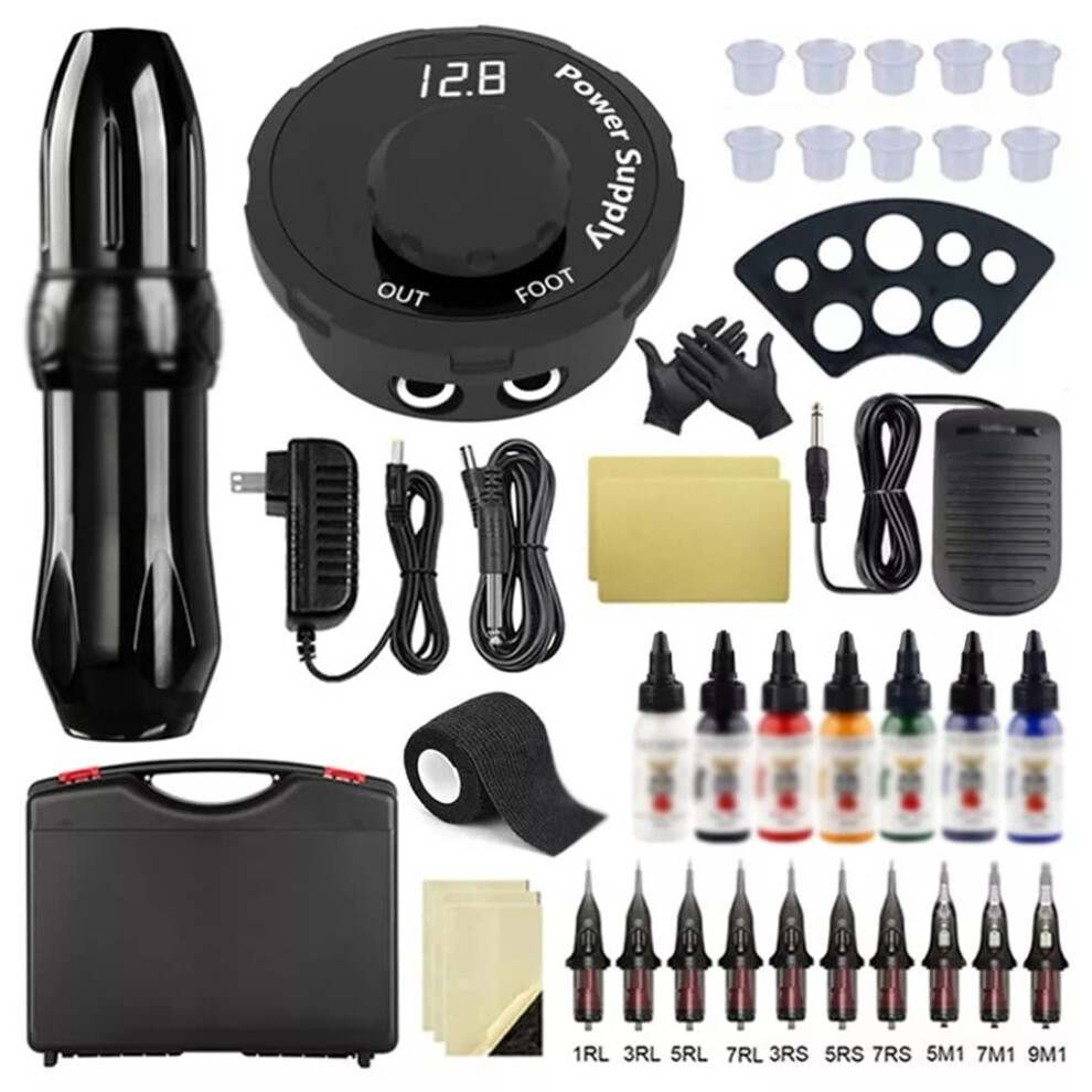 Rotary Tattoo Pen Kit with 10PCS Cartridges Needles, Adjustable Depth, Ergonomic Grip for Body Art (Color D)