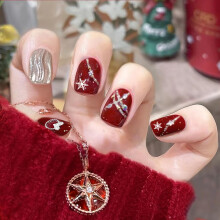 Christmas Red Press on Nails with Gold Snowflake Short Square Acrylic Design, Reusable for Women