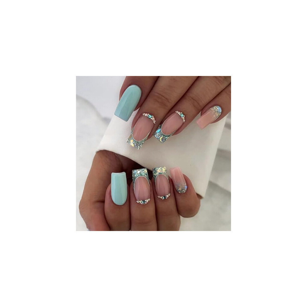 Blue Medium Coffin Press On Nails Glitter French Tip Fake Nails With Rhinestones Durable Ballerina Style For Women