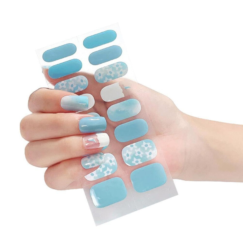 Blue 16Pcs Glitter Snowflake Semicured Gel Nail Strips, Waterproof Uv/Led Cured, Salonquality Finish