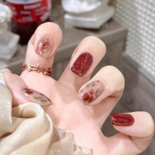 Red French Press On Nails with Gold Foil, Short Square Acrylic Fake Nails, Reusable Rose Design