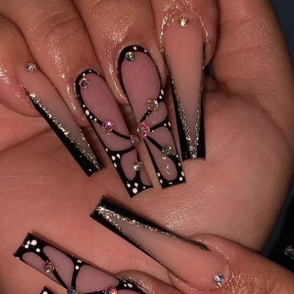 Black Coffin Press On Nails with Butterfly Rhinestones, Glossy Long Acrylic Nail Set 24PCS