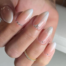 Short Almond Pink White Ombre Press On Nails with Silver Glitter, Reusable 24 Piece Complete Kit