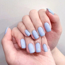 Light Blue Press on Nails Square Short Reusable Fake Nails for Women with Smooth Finish 24 Pcs