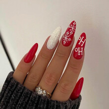 24 Pcs Christmas Press on Nails Red Almond Shape Fake Nails with Snowflake Glitter Design for Women