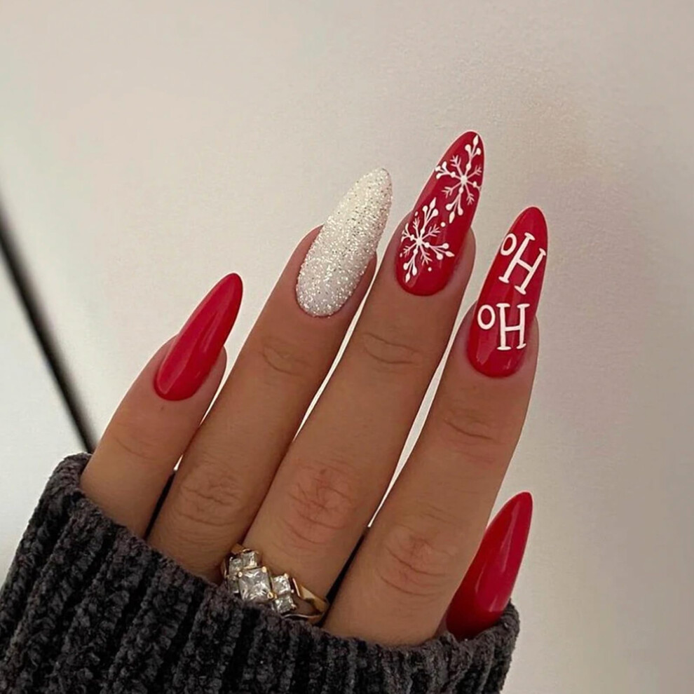 24 Pcs Christmas Press on Nails Red Almond Shape Fake Nails with Snowflake Glitter Design for Women