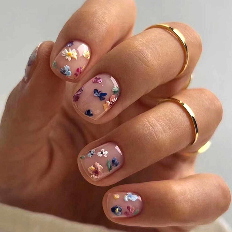 Pink Light Press On Nails With Floral Design, Square Glossy Fake Nails For Women, Translucent 24Piece Set