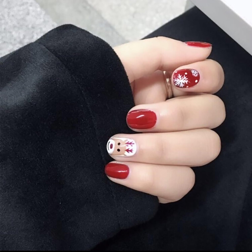 Red Christmas Press On Nails Short Square Fake Nails With Snowflake Design, Reusable Salonstyle Manicure