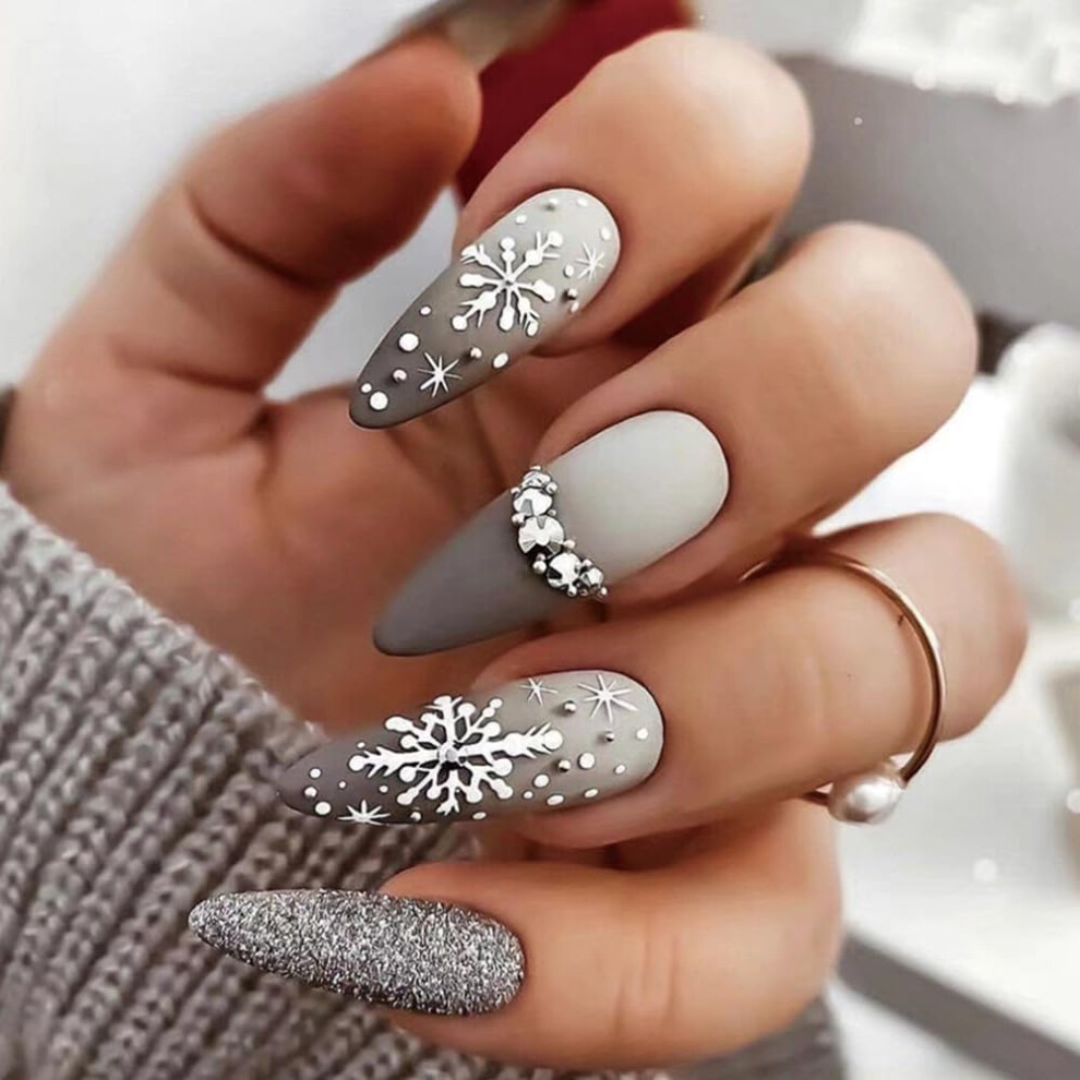 Silver Christmas Almond Press On Nails With Snowflake Design Glitter Fake Nails Reusable Set