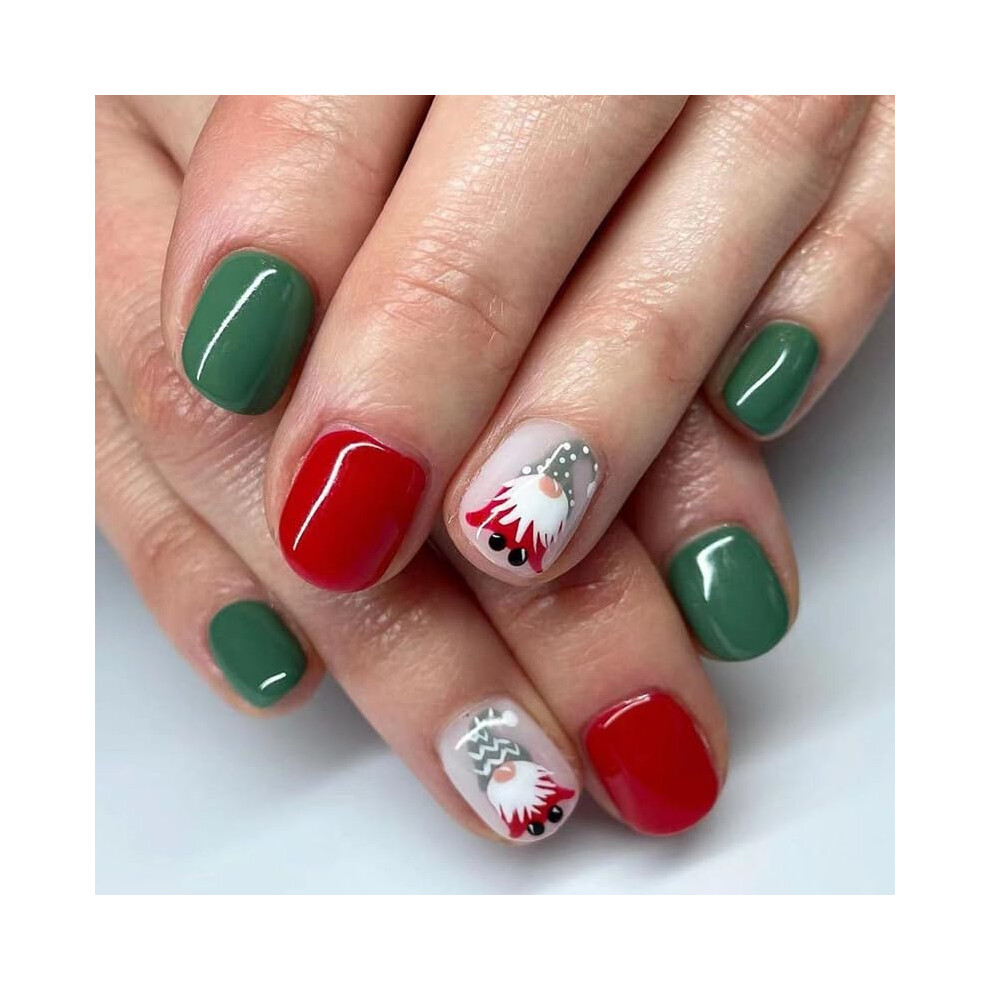 Green,Red Christmas Press On Nails Set Red And Green Short Coffin Fake Nails Glossy Festive Acrylic False Nails With Glue 24Pcs