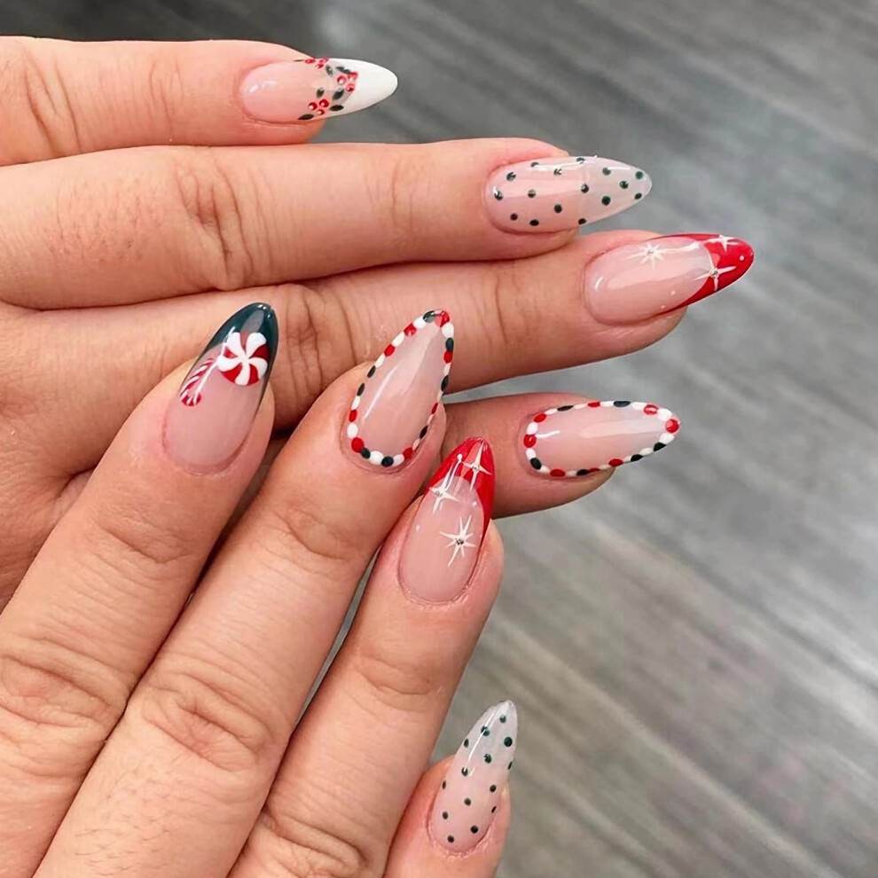 Christmas Press On Nails Medium Almond Shape Set with Candy Cane and Star Holiday Design 24pcs