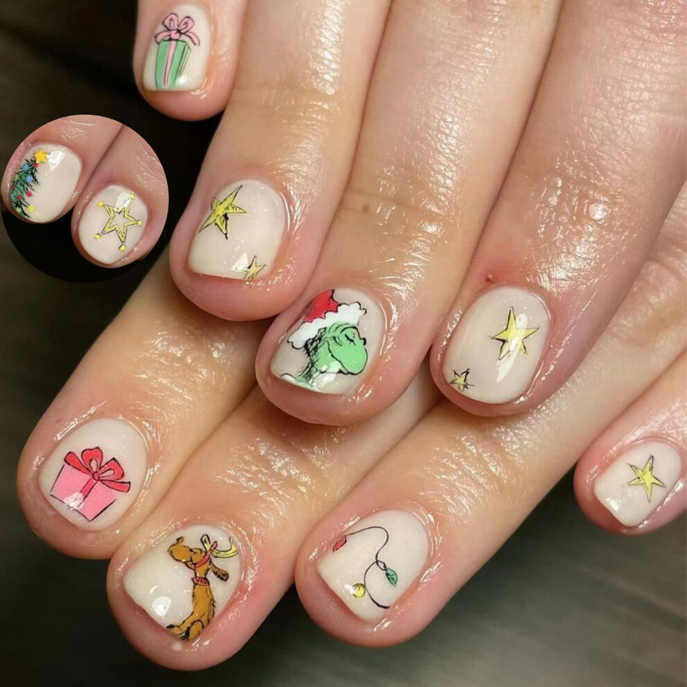 Christmas Press On Nails Short Fake Nails with Elk and Star Designs Reusable Holiday Nail Kit 24Pcs