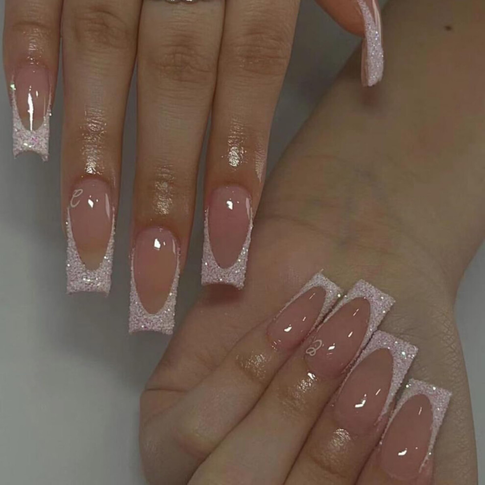 White,Cream Long Coffin Press On Nails White Glitter French Tip Natural Nude Acrylic False Nails 24Pcs