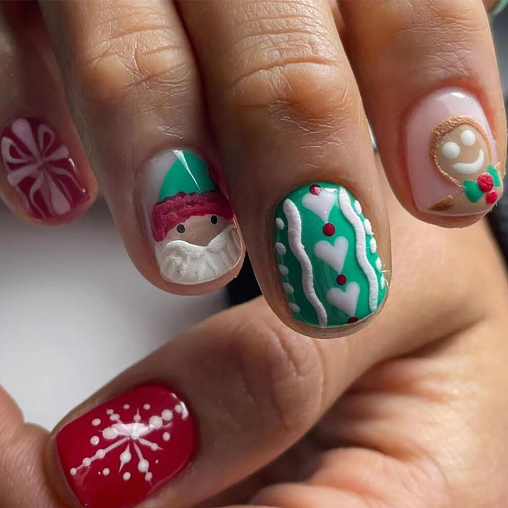 Christmas Press On Nails Set Short Coffin Fake Nails 24pcs Santa Claus Snowflake Design Easy Holiday Manicure