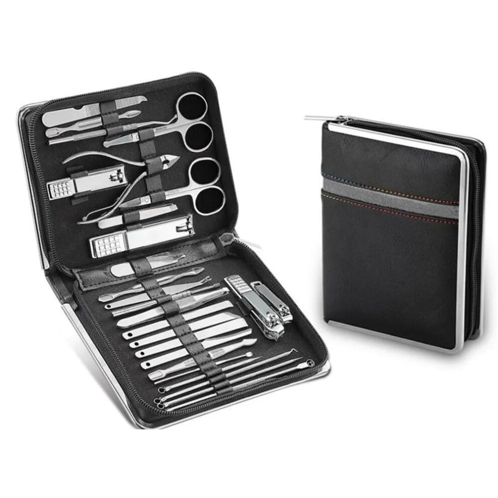 26 Piece Stainless Steel Manicure Set with Nail Clippers, Black, Professional Travel Nail Care Kit