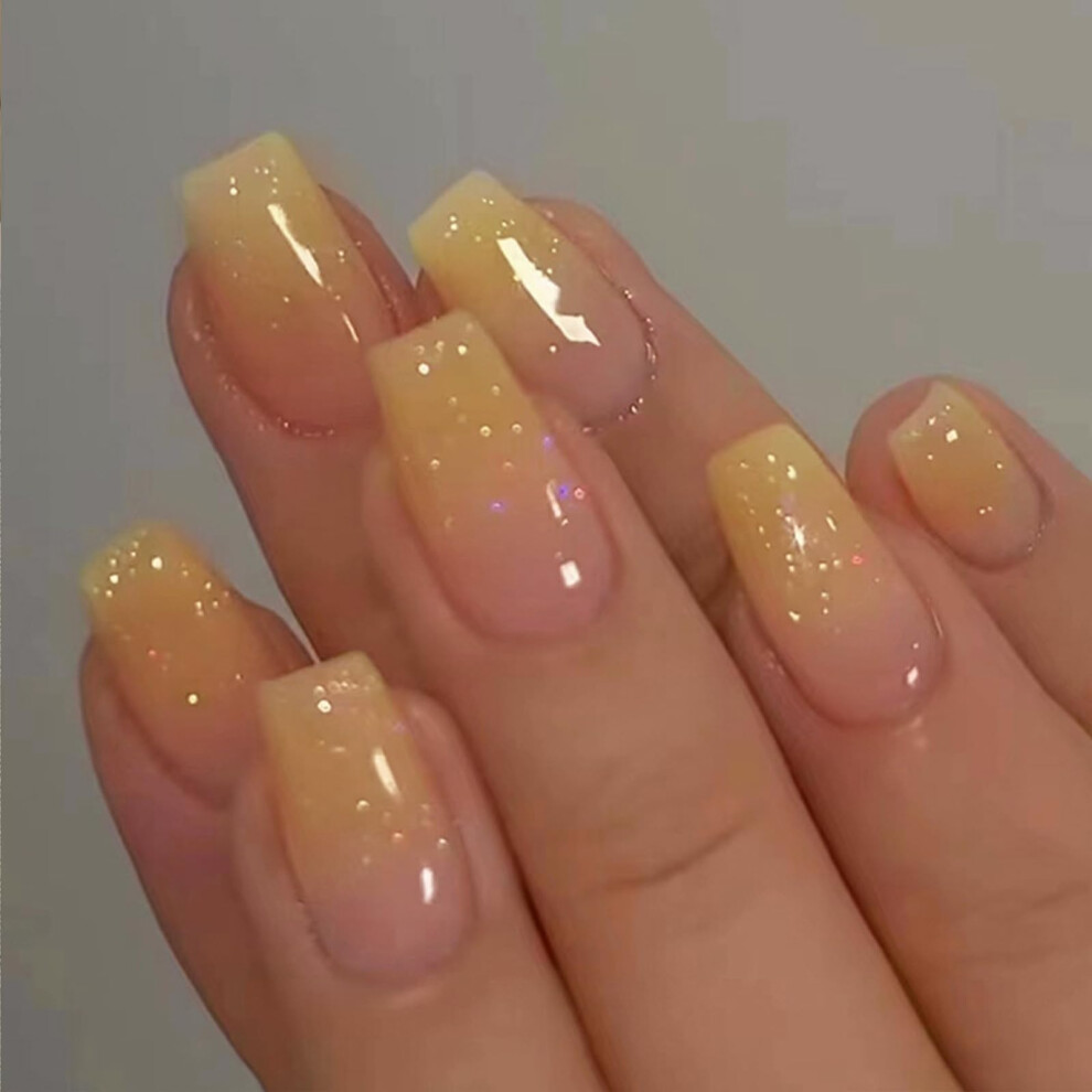 TULOBI Yellow Gradient French Tip Press On Nails Medium Coffin Shape Glossy False Nails Set 24 Pcs