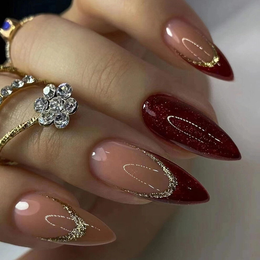 Red Wine French Tip Press On Nails Medium Almond Fake Nails Set With Glossy Festive Salonstyle Finish 24Pcs