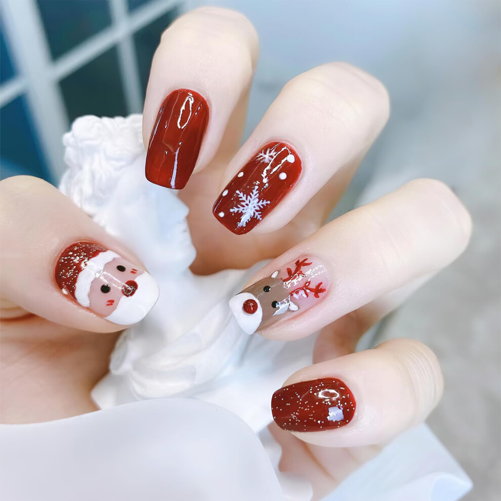 Red Christmas Press On Nails Short Square Glitter Snowflake Elk Santa Claus Glossy Full Cover Fake Nails For Women