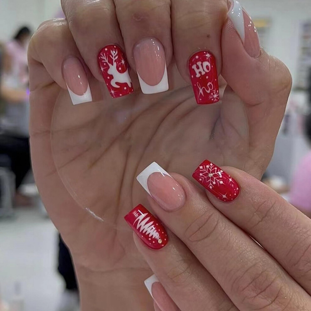 White Christmas Press On Nails French Tip Fake Nails With Snowflake Design Reusable Acrylic Nail Set 24Pcs