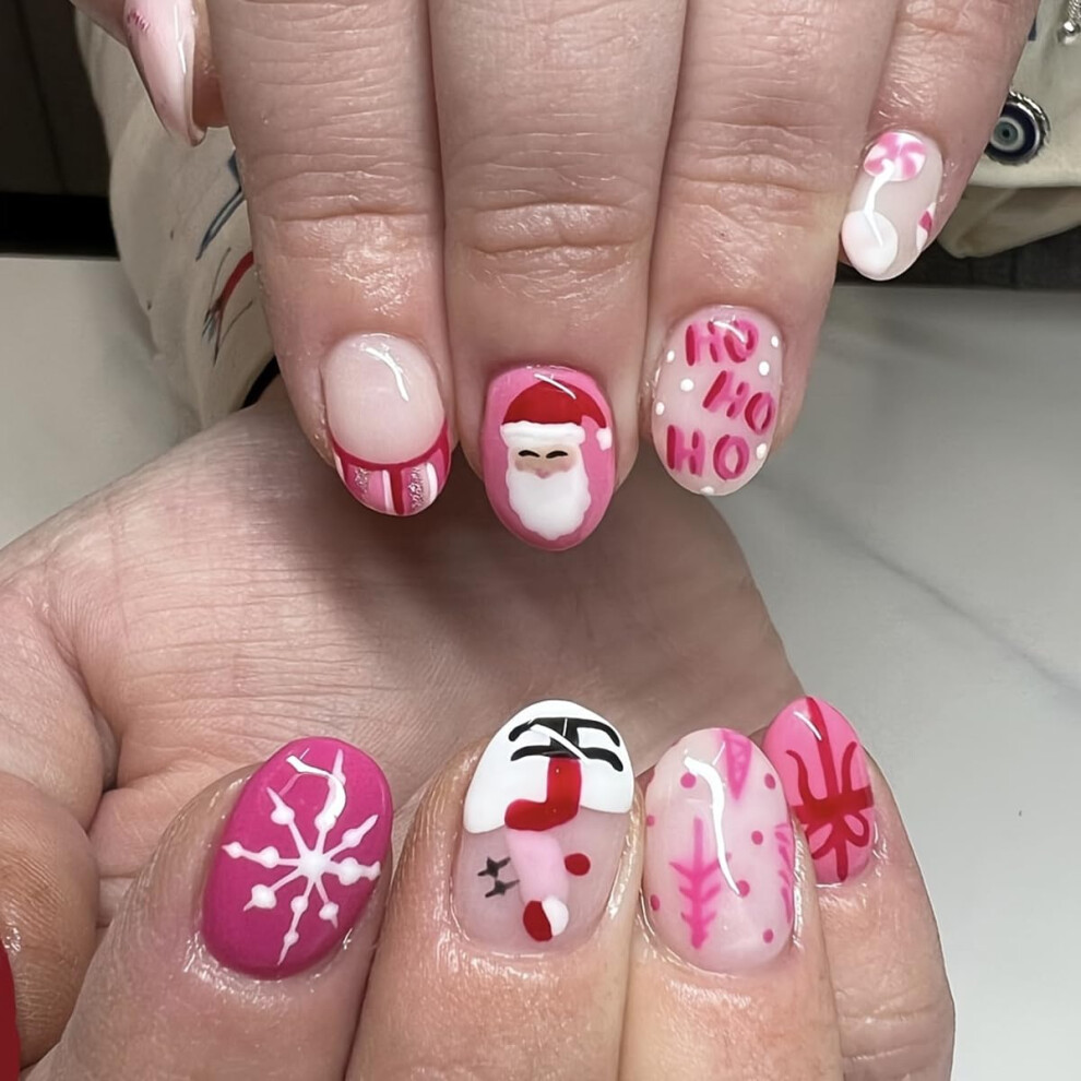 Pink Christmas Press On Nails Short Almond Shape Glossy Snowflake Santa Design 24Pcs Glue On Set