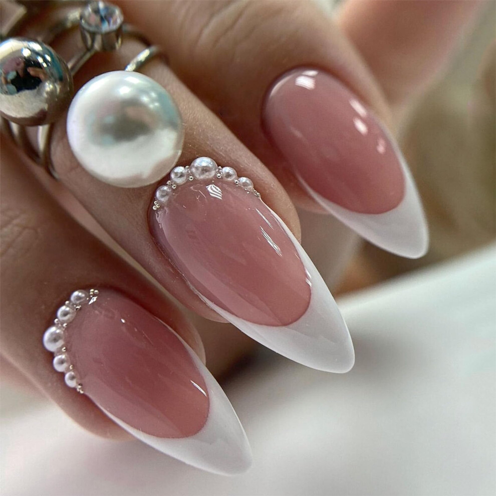 White,Cream White French Tip Press On Nails Almond Medium Nude Acrylic Fake Nails With Glue Longlasting Salon Style 24Pcs
