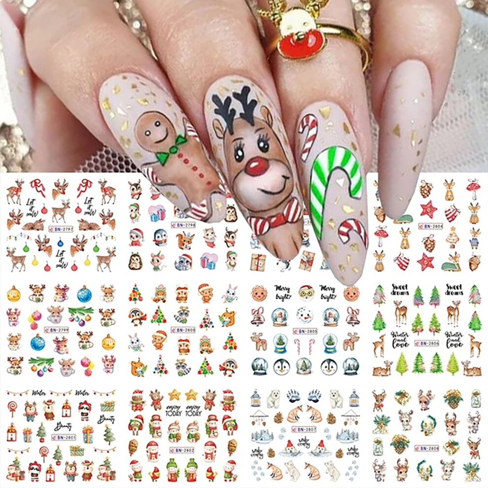 Christmas Nail Stickers 12 Sheets Water Transfer Nail Decals with Elk Snowman Christmas Tree Designs for Winter Nail Art Decorations
