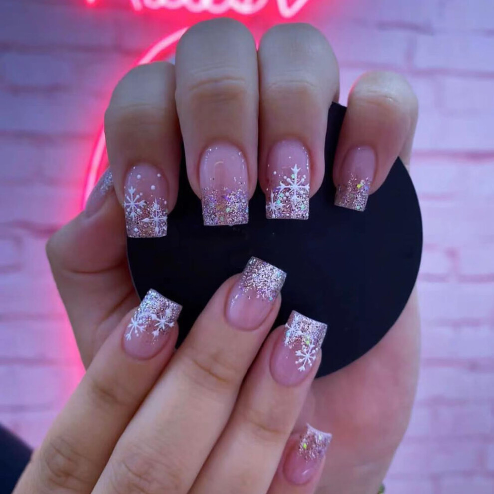 Winter Snowflake Press On Nails Square Silver Glitter Fake Nails Reusable Acrylic Glue On Nails Set for Women 24PCS