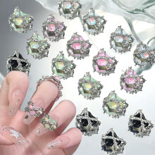 16pcs 3D Heart Nail Charms with Rhinestones, Metal Alloy Thorn Design, Aurora Finish for Acrylic Nails