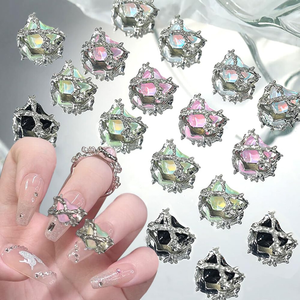 16pcs 3D Heart Nail Charms with Rhinestones, Metal Alloy Thorn Design, Aurora Finish for Acrylic Nails