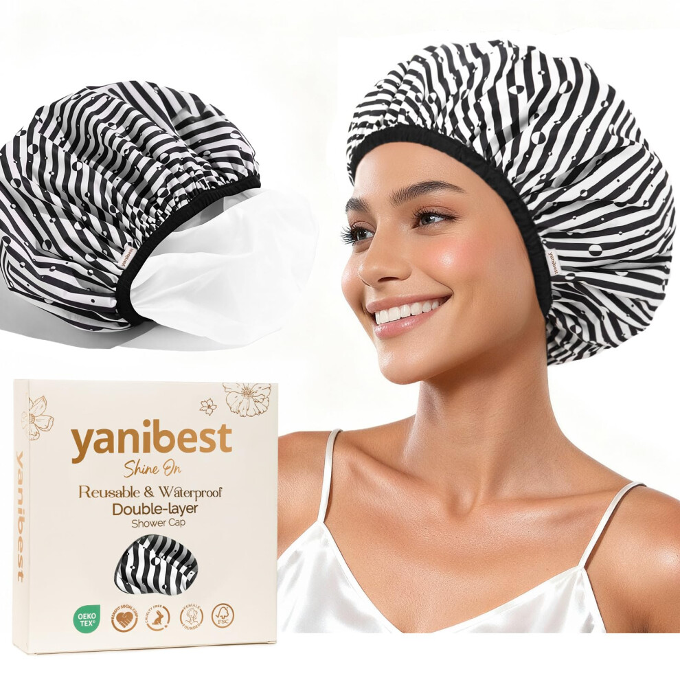 Waterproof Double Layer Reusable Shower Cap for Women with Soft NonSlip Band for Long Hair