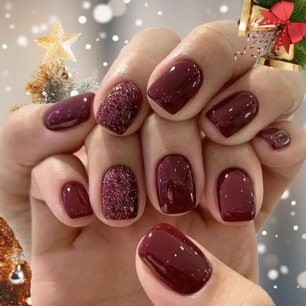 Short Red Press on Nails Glossy Burgundy Fake Nails Christmas Sparkly Reusable Nail Kit 24Pcs