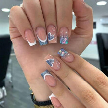 Short Square Blue Glitter Press on Nails with Glue, French Tip Fake Nails with Heart Ombre Design for Wedding