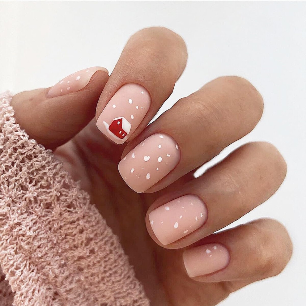 Christmas Pink Press On Nails Set Short Square Acrylic False Nails 24PCS Festive Holiday Reusable Design