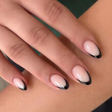 Black French Tip Press On Nails Short Oval Nude Glossy Acrylic Full Cover Easy Glue On Set 24Pcs