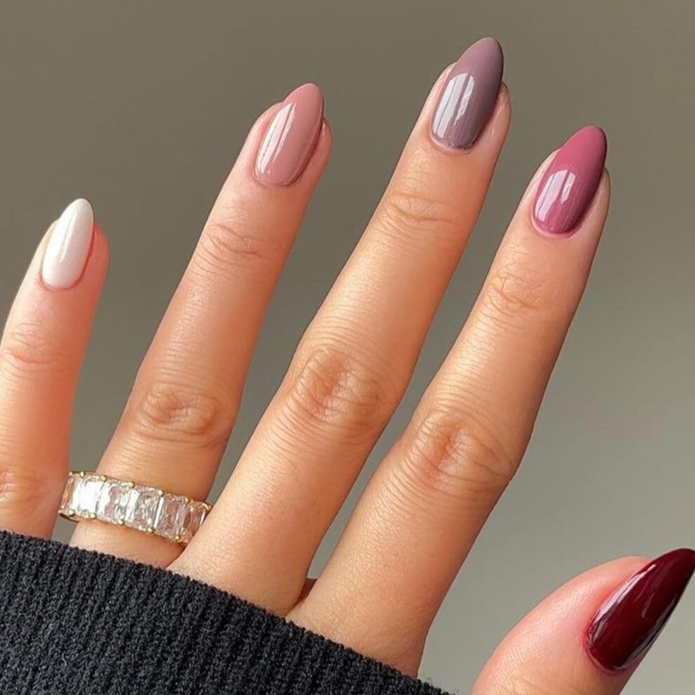 Pink Glossy Oval Press On Nails Short Brown Fake Nails Set With Glue Instant Salon Manicure 24Pcs