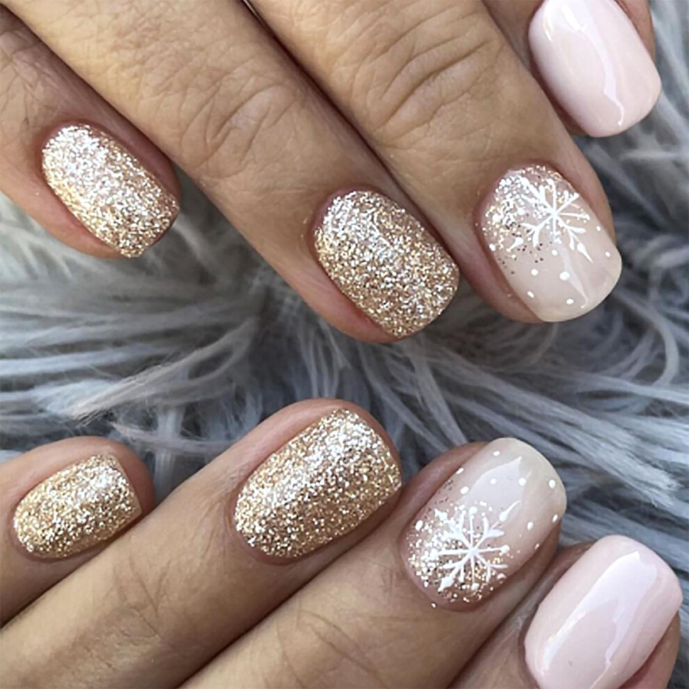 White,Gold Christmas Press On Nails Short Square Fake Nails With White Snowflake And Gold Glitter Design Winter Holiday Manicure Set