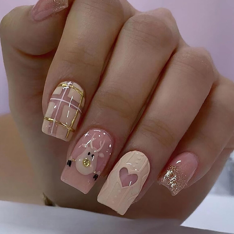 Pink Christmas Press On Nails Set Acrylic Fake Nails Glitter Elk Design Medium Square Full Cover Reusable
