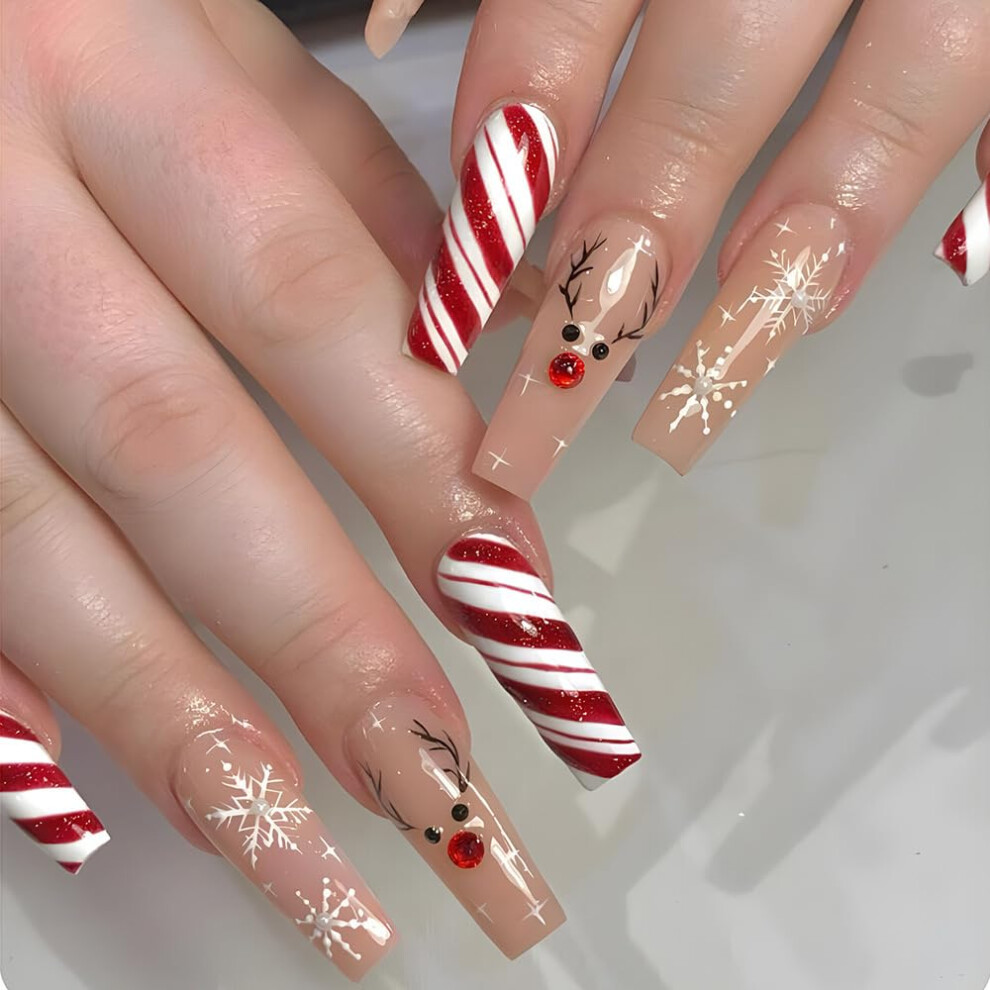 White,Red Christmas Press On Nails Long Coffin Fake Nails Red White Swirl Snowflake Elk Rhinestone Glitter 24Pcs