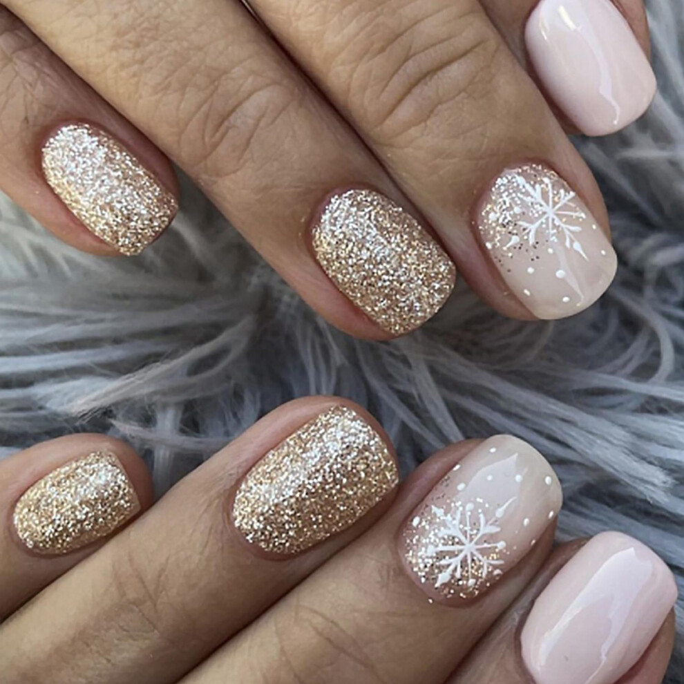 Gold 24Pcs Winter Christmas Press On Nails Extra Short Glossy Fake Nails With Snowflake And Glitter Design For Women Party