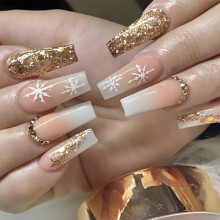 Christmas Press On Nails Long Coffin Glitter Fake Nails with Snowflake Rhinestone Accents 24pcs