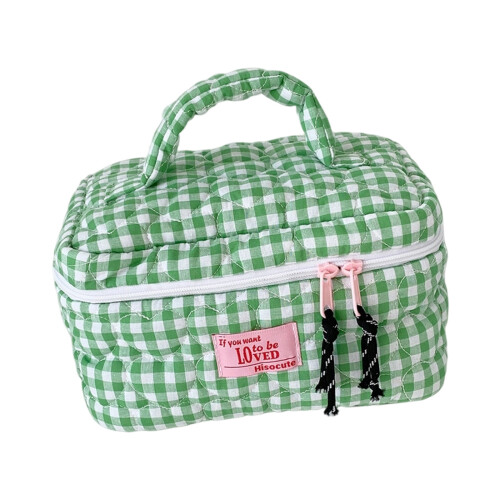Plaids Pattern Quilted Heart Makeup Bag Large Capacity-Green