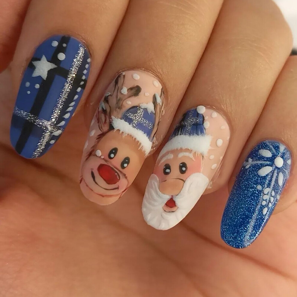 Blue Christmas Press On Nails Short Snowflake Fake Nails With Santa And Elk Design For Women