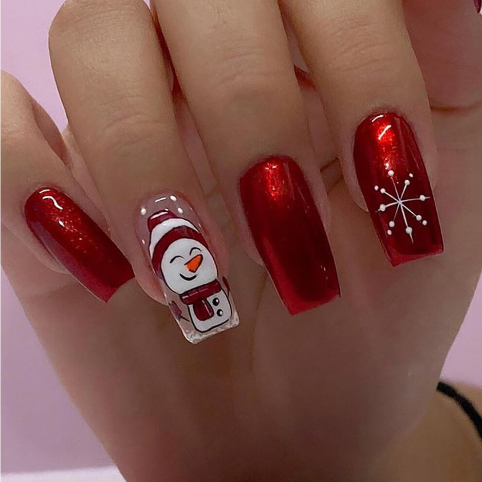 Red Christmas Press On Nails 24Pcs Glitter Coffin Fake Nails With Snowflake Snowman Design