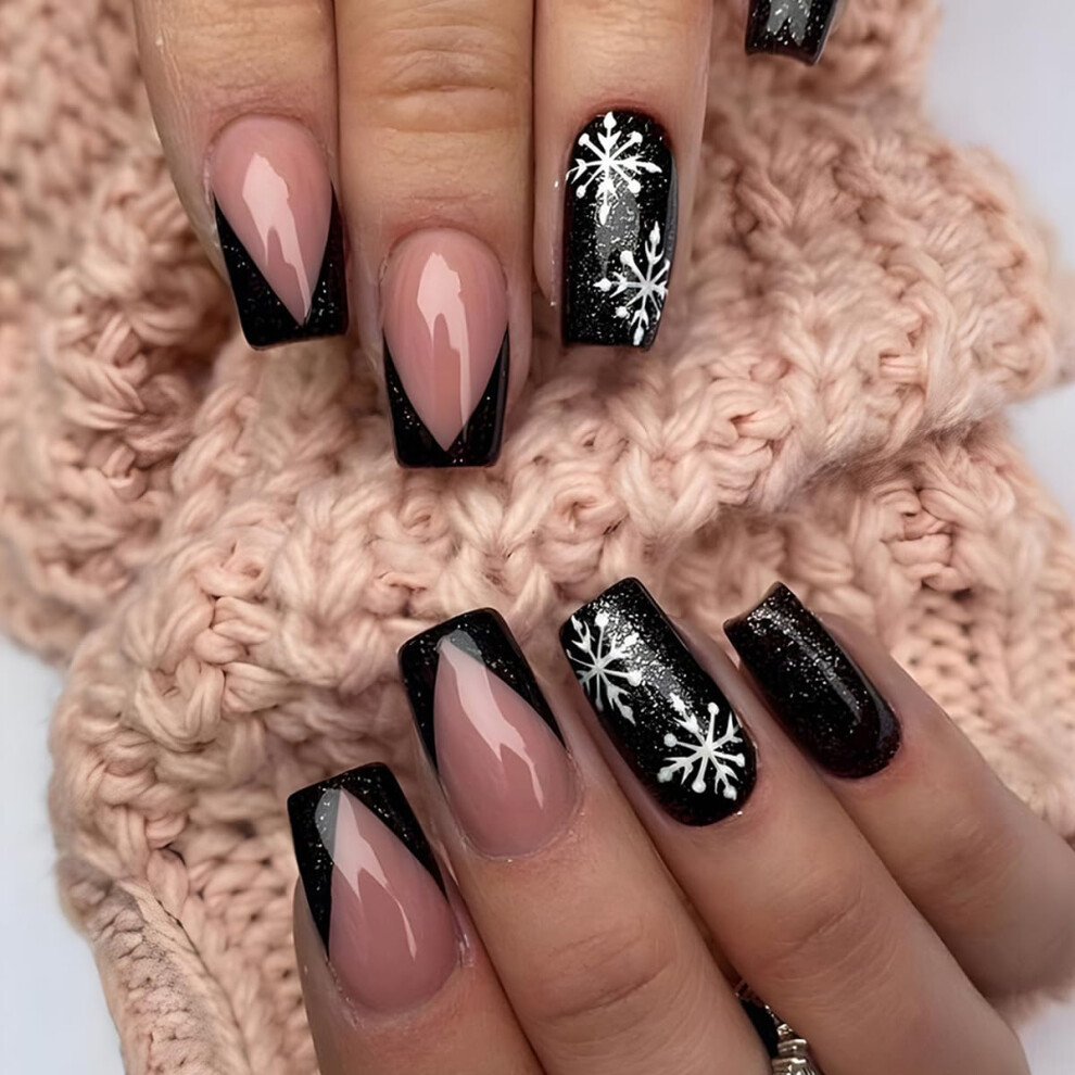 Black Christmas Press On Nails Set Medium Coffin Glossy Snowflake Acrylic Nails For Holiday Manicure