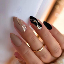 Reusable Matte Almond Press On Nails Kit with Glitter Wave Design, Medium Fake Nail Tips 24pcs Black Brown