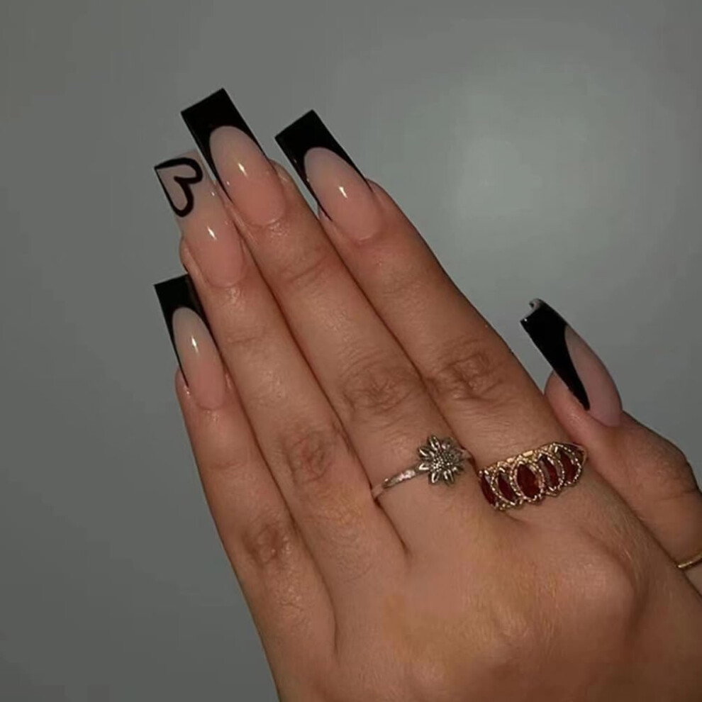 Black French Tip Press On Nails Set Â Medium Square Coffin Acrylic False Nails With Glossy Finish, 24Pcs For Wedding Or Birthday