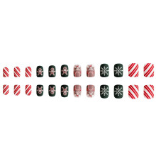 Christmas Press On Nails Short Square Matte Green and Red with Gingerbread Snowflake Design 24 Pcs