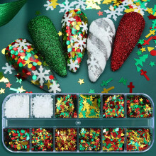 Christmas Nail Art Glitter Set with Red and Green Holographic Sequins and 3D Snowflake Decorations, 12Grid Kit