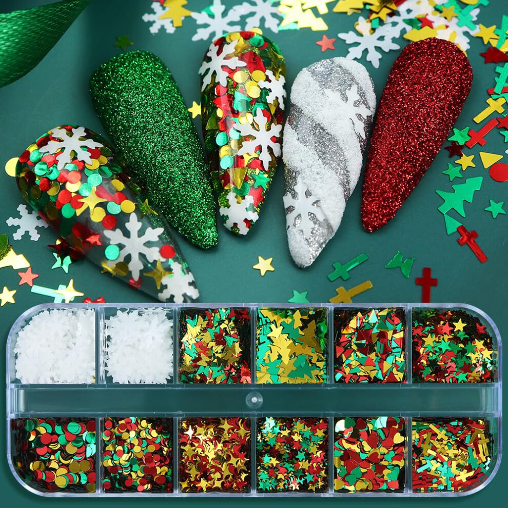 Red/Green Christmas Nail Art Glitter Set With And Holographic Sequins And 3D Snowflake Decorations, 12Grid Kit